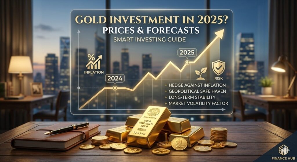 Gold investment concept image showing gold bars, coins, and an upward price chart representing rising gold prices in 2025 with inflation hedge and safe-haven investing themes.