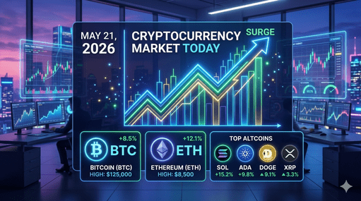 Digital illustration showing cryptocurrency market surge in May 2026 with Bitcoin, Ethereum, Solana, ADA, DOGE, and XRP price charts rising on trading screens