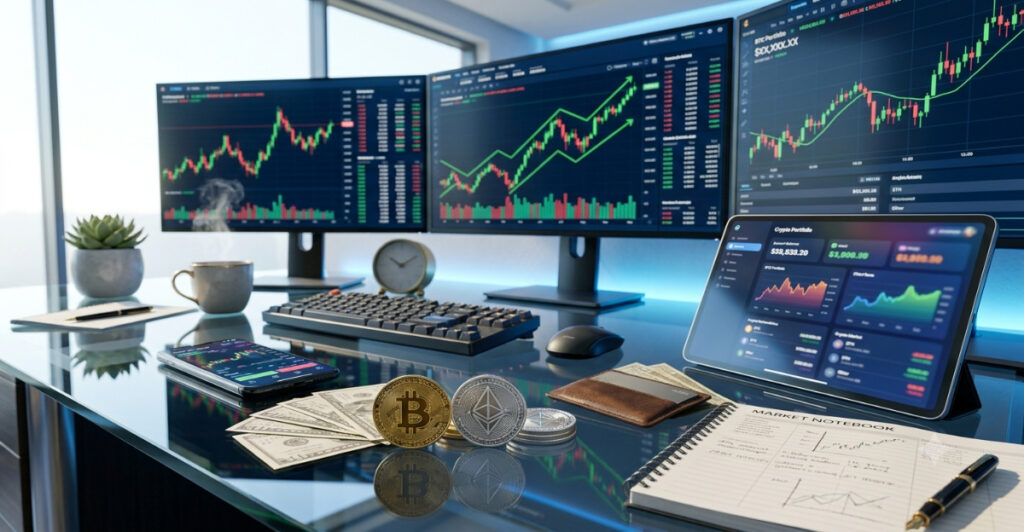 Professional cryptocurrency trading desk with Bitcoin, Ethereum, trading monitors, and live market charts representing the crypto market today.