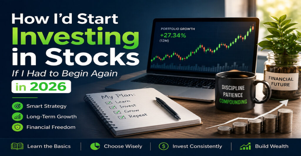 Beginner guide to investing in stocks in 2026 with charts and growth strategy illustration