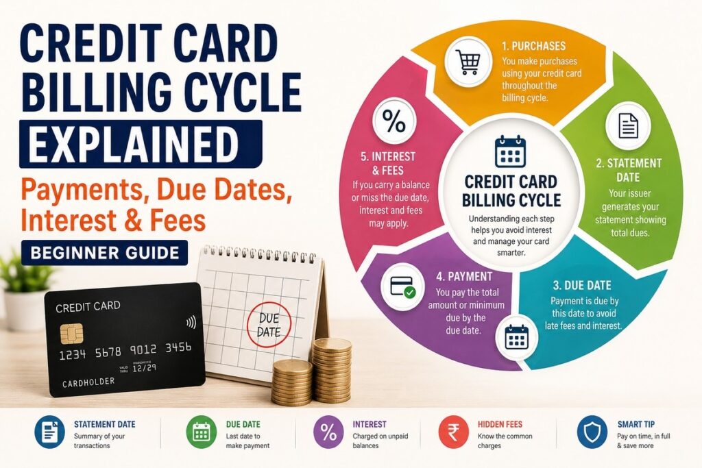 Credit card billing cycle explained with payments, due dates, interest and fees infographic
