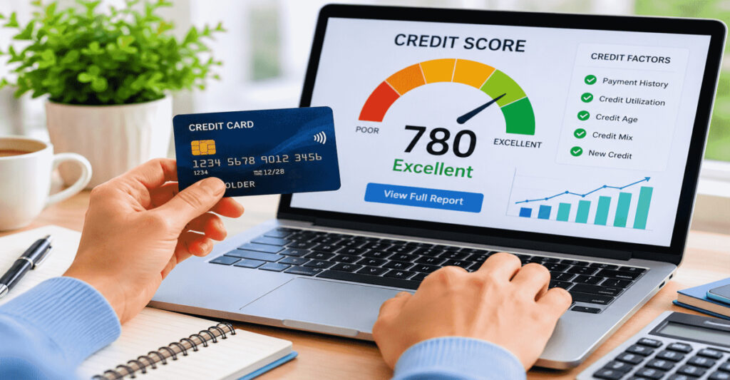 Hands holding a credit card near a laptop displaying credit information