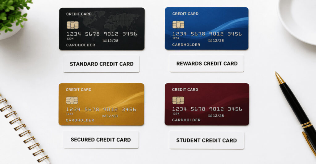 Four different credit cards displayed with category labels