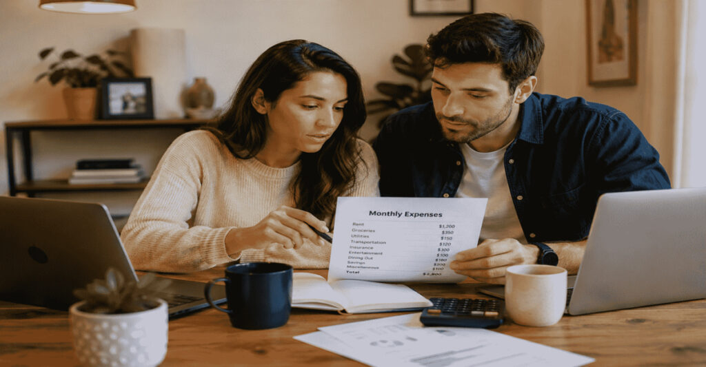 Couple reviewing monthly expenses at a dining table