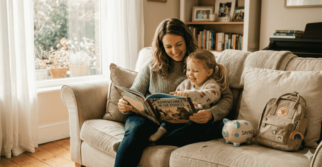Parent and child reading together with a piggy bank nearby