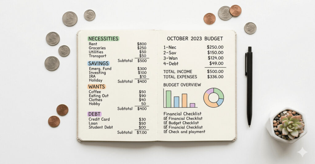 Open budgeting journal with organized financial categories