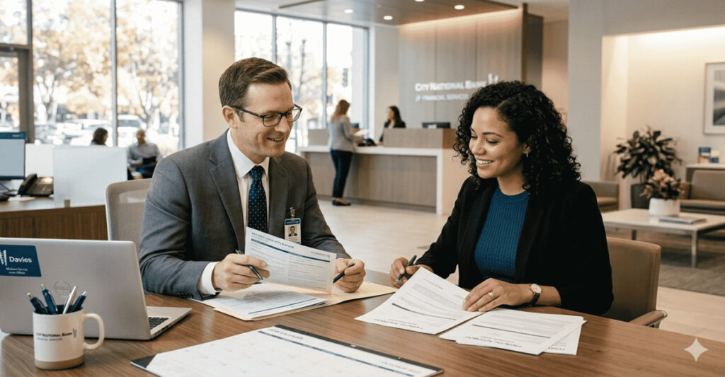 Customer reviewing savings account documents at a bank branch
