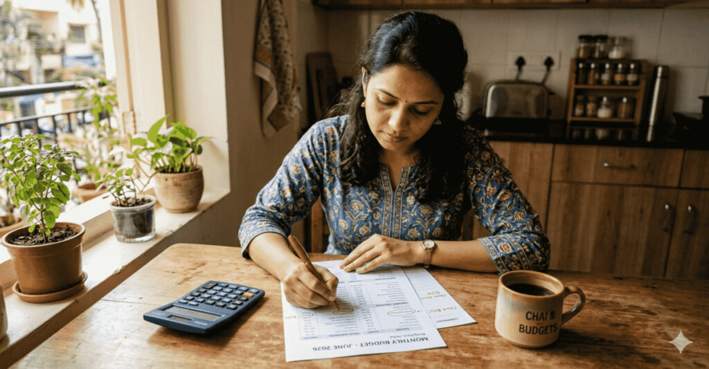 Person reviewing monthly expenses with a calculator and budget sheet