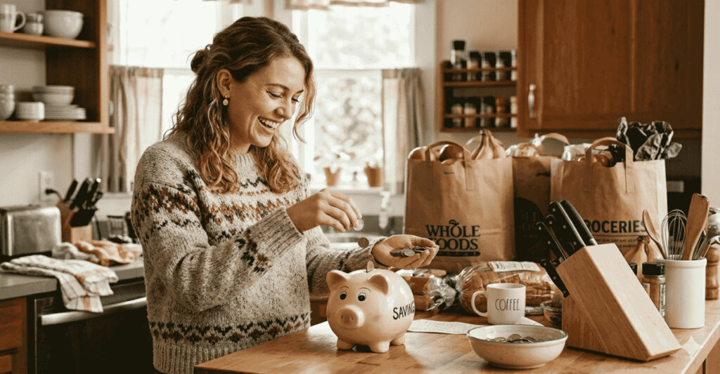 Woman placing coins into a piggy bank in her kitchen