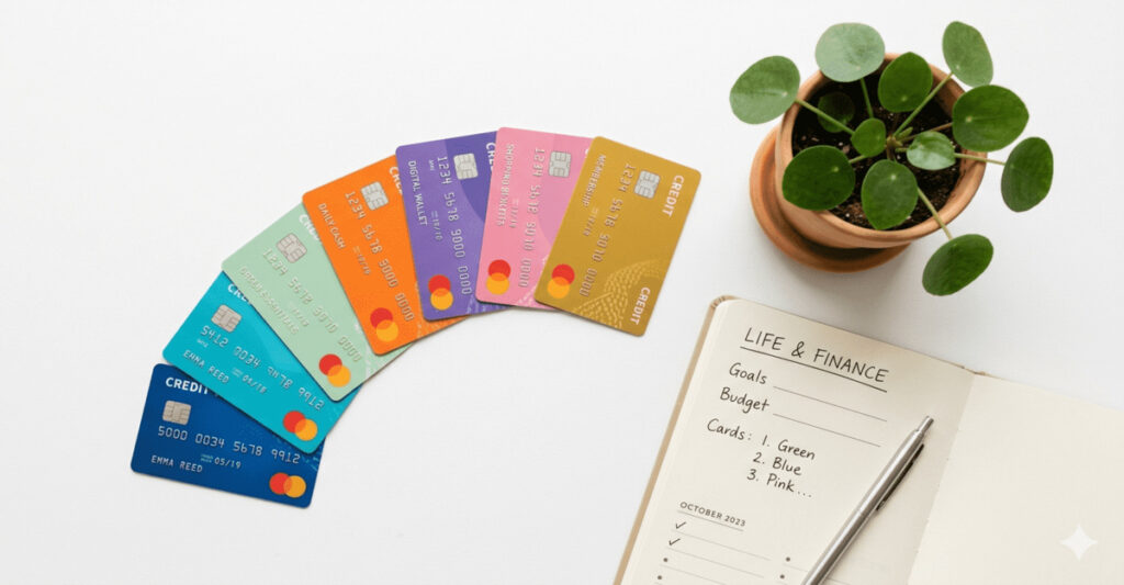 Colorful credit cards arranged neatly on a white surface