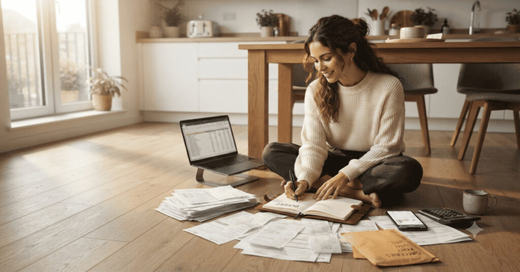 A woman organizes monthly bills, receipts, and a household budget while tracking expenses at home.
