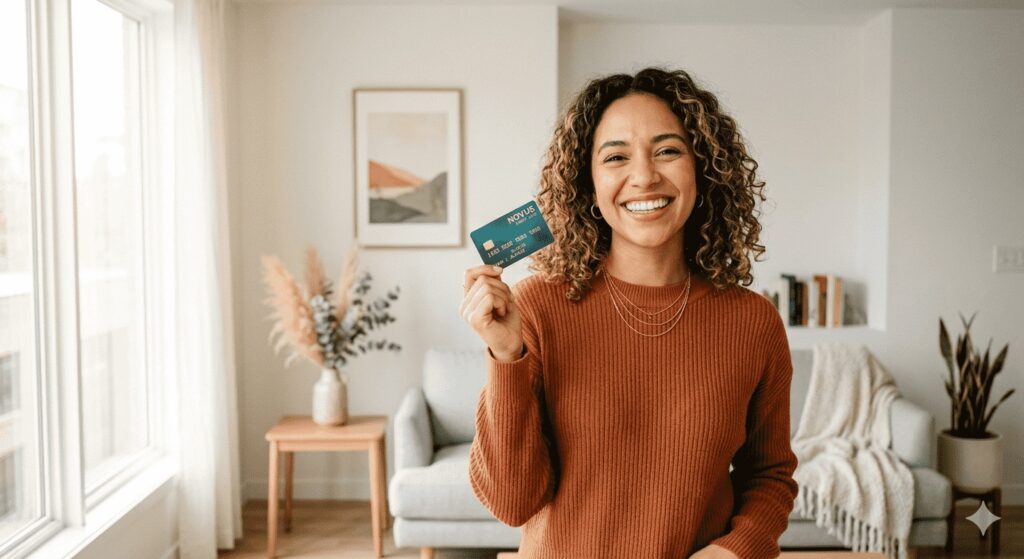 Young adult holding a new credit card and smiling confidently