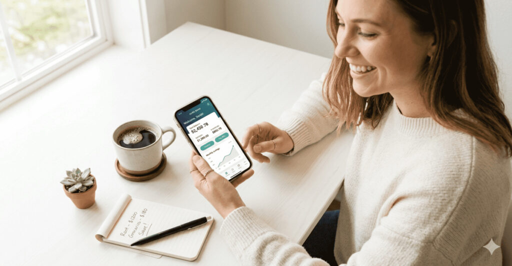 Person using a smartphone banking app at a desk with coffee
