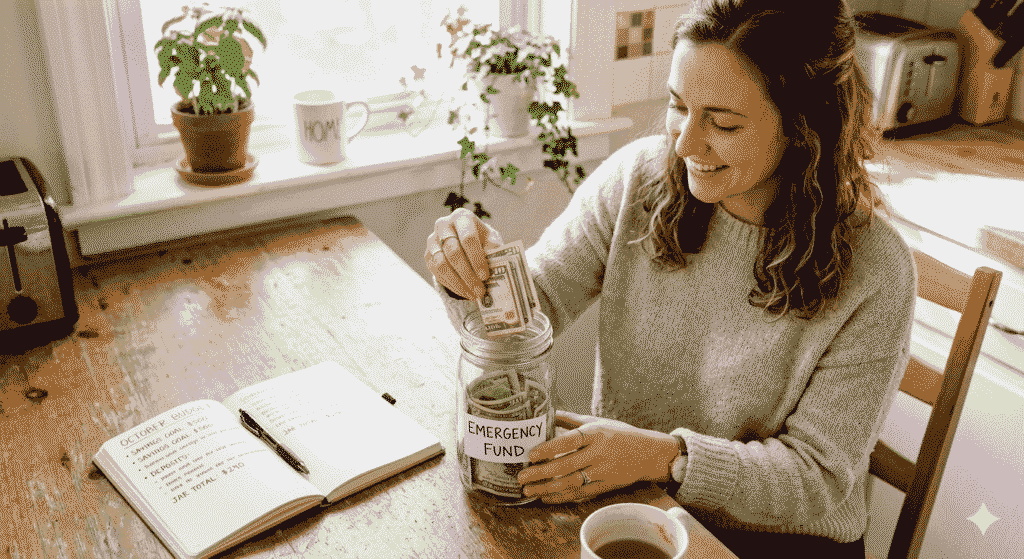 Woman placing cash into an emergency fund jar at a kitchen table