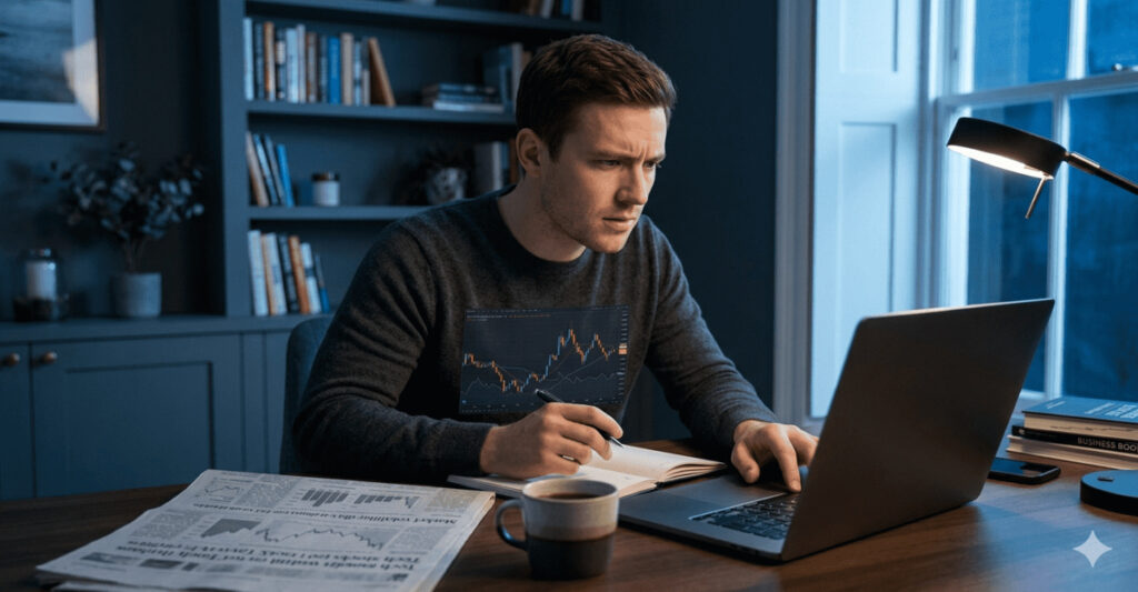 Person reviewing stock market charts and financial data on a laptop