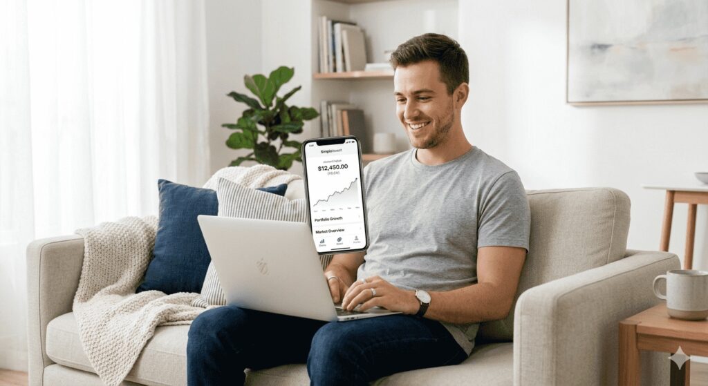 Young man using an investment app on a laptop in a bright living room