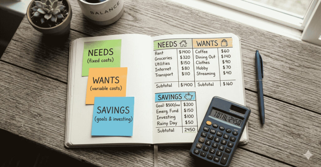 Budget planner showing needs wants and savings categories